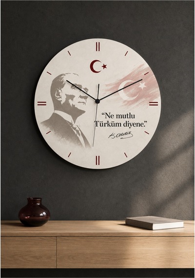 AA Shop Atatürk Temalı Baskılı Dekoratif Baskılı Ahşap Duvar Saati Sessiz Akar Mekanizmalı 807 Çoklu Renkli