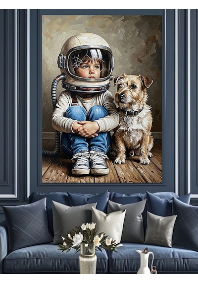 Ahşap Tablo Astronot Çocuk Ve Köpek Dostu Hayvan Tabloları
