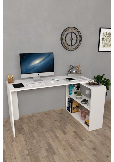 Moonlife Atlas Kitaplıklı Çalışma Masası, Bilgisayar Masası Beyaz