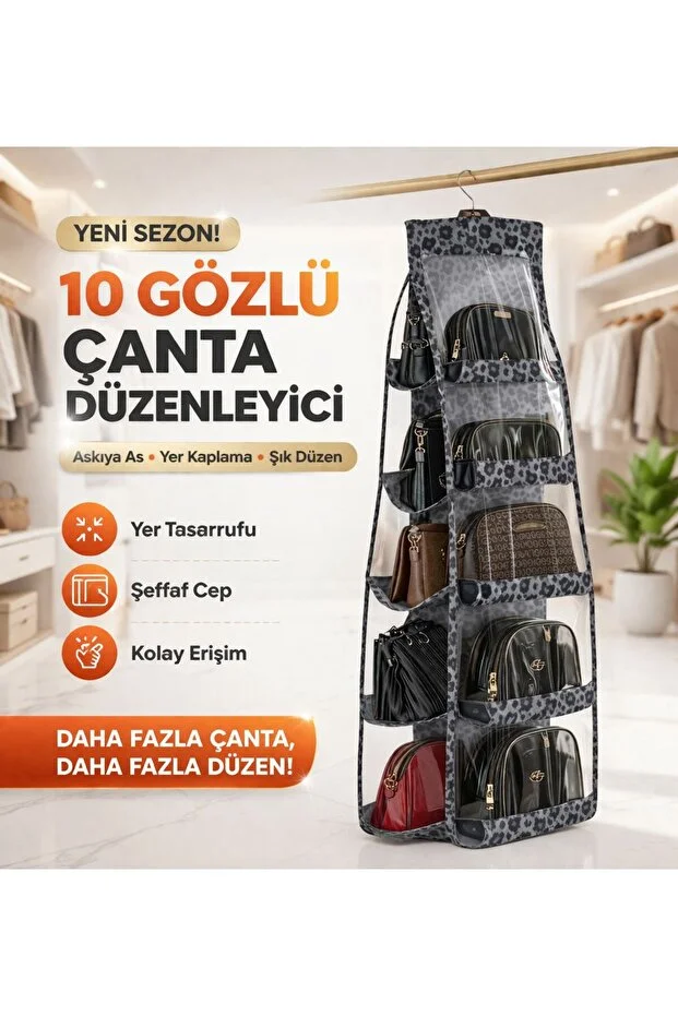 Premium Leoparlı 10 Cepli Dolap İçi Çanta Ayakkabı Düzenleyici Organizer Siyah