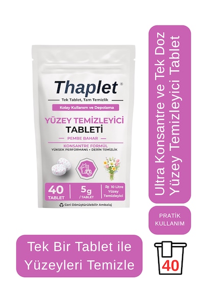 Thaplet Yüzey Temizleyici Tableti 40 Adet Ultra Kullanışlı Konsantre Tablet - Pembe Bahar Tekli