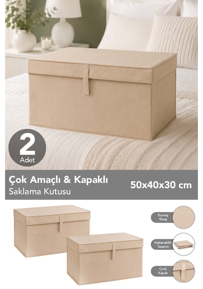 2'li Set Maxi Boy Hurç - Çok Amaçlı Organizer Kapaklı Saklama Kutusu 50x40x30cm Bej