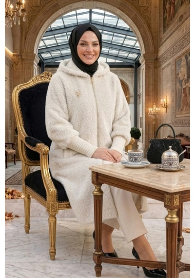 Hb Harma Time Butik Kadın Fermuarlı Kapüşonlu Angora Beyaz Kürk Kaban Beyaz Beyaz