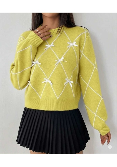 Sayzen Your Shine Baklava Desenli Kurdele/fiyonk Detayli Triko Kazak Sy-001kzk-gri Sarı
