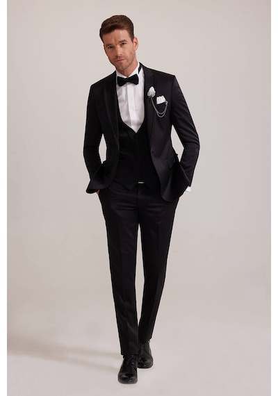 Ysf Erkek Siyah Yelekli Kırlangıç Yaka Slim Fit Damatlık