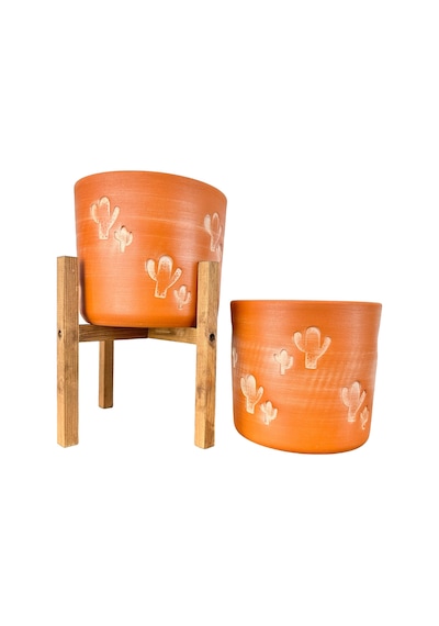 Bitki Tasarımı Ev Dekorasyon Aksesuar Kaktüs Desenli Toprak Saksı Saksılık Salon Çiçeklik İkili Set Ayaksız - 4 Ayaklı- 19 Cm