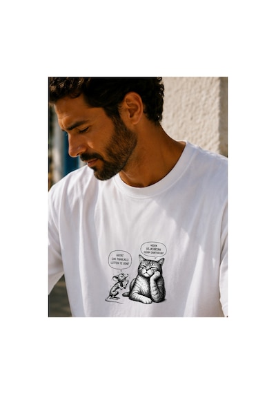 Qmen Style Unisex Beyaz Oversize Baskılı T-shirt Espirili Kedi Baskılı %100 Pamuk