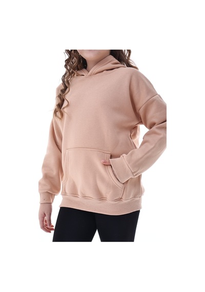 Unisex Çocuk Kapüşonlu Sweatshirt Rahat Günlük Spor Giyim Oversize Model Krem Renkli Bej
