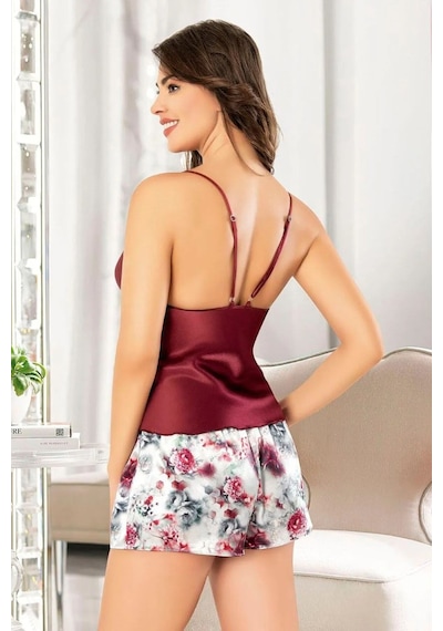 Faal 3122 Kadın Saten İp Askılı Şortlu Pijama Takım-bordo Bordo