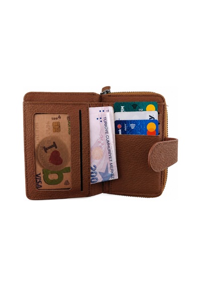 Alphaclub Bag Kadın Çok Bölmeli Kartlıklı Çıtçıt Kapamalı Cüzdan Taba
