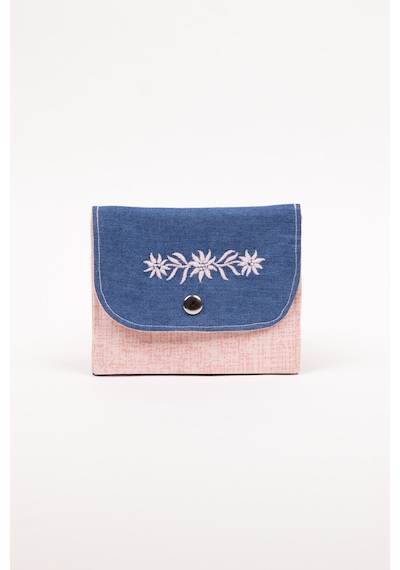 Fabric Craft Bag Kadın Cüzdanı Denim Kumaş Çiçek Nakışlı Çift Bölmeli 13x11 Cm Mavi - Pembe