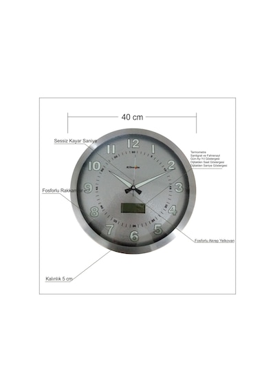40Cm Kaliteli Fosforlu Termometreli Tarih Göstergeli Duvar Saati Gümüş