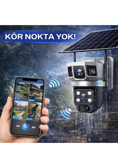 4g 1 Yıl 60 Gb Sım Kartlı Güneş Enerjili 3 Kameralı 360 Döner Güvenlik Kamerası Bahçe Arazi