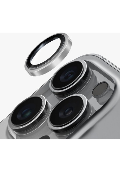 Ennar Apple Uyumlu iPhone 16 Pro Max Gerçek Cam Safir Tam Koruma Safir Kamera Lensi Gümüş Gümüş