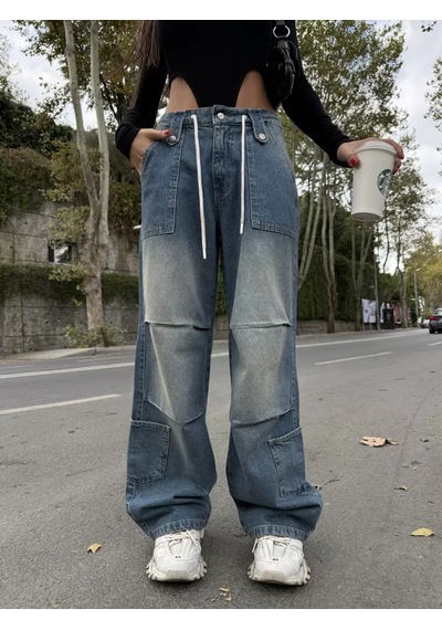 Paradise Venedik Bağcıklı Oversize Cargo Jean - Vintage Mavi Çok Renkli