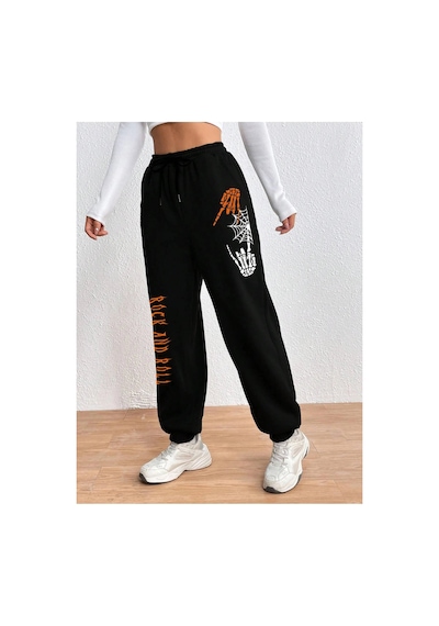 Tarzsokak Halloween Skeleton Hand & Letter Graphic Drawstring Waist 4 Mevsim Eşofman Siyah