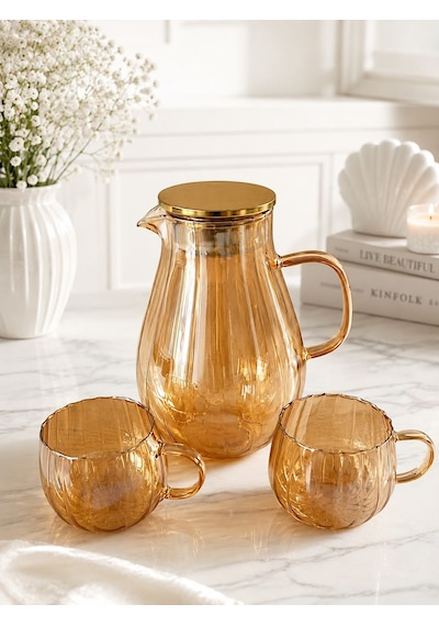 Qerhome Isıya Dayanıklı Amber Borosilikat Cam Sürahi Seti-1800 Ml Sürahi 2 Adet Kulplu Bardak Takımı Dr
