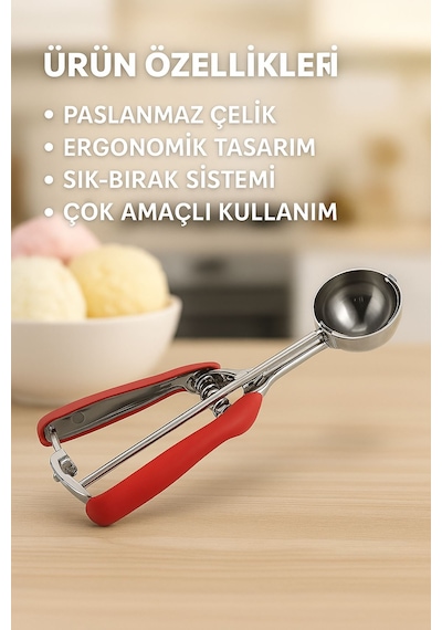Çelik Dondurma Meyve Püre Kurabiye Hamuru Alma Kaşığı Küreği Mt201kr Kırmızı