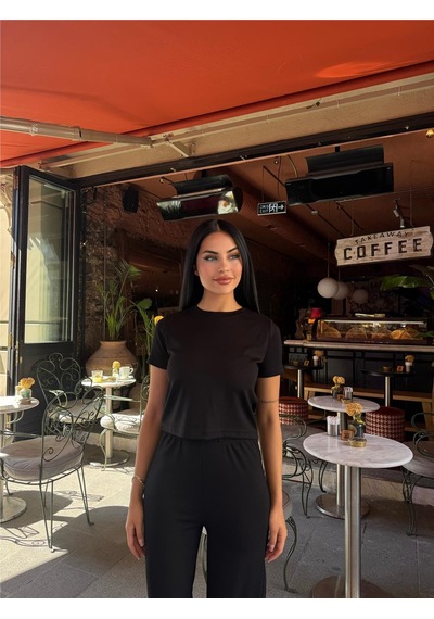 WeShaya Siyah Modal Polyester Palazzo Takım Siyah