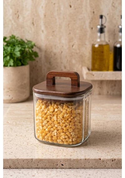 Atbyhome Akasya Saplı Cam Kavanoz 700 Ml - Vakumlu Çizgili Cam Baharatlık Kahve Ve Bakliyat Kabı Kahverengi