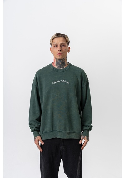 Respire Erkek Divided Baskılı Yıkamalı Bisiklet Yaka Oversize Sweatshirt Yeşil