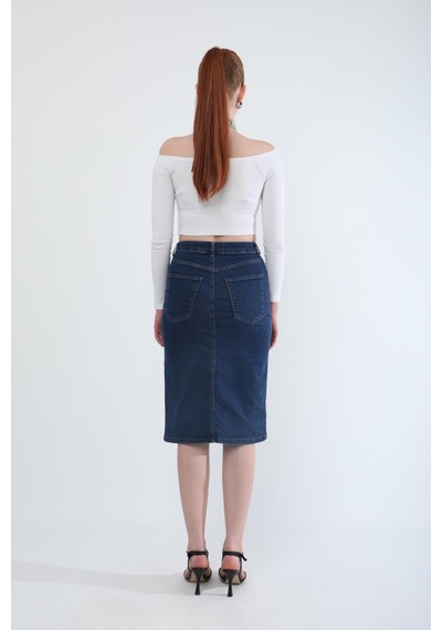 Banny Jeans Önden Yırtmaçlı Likralı Midi Jean Etek Koyu Mavi Xs