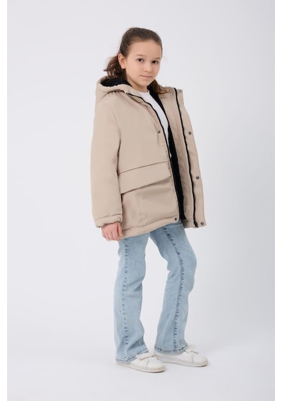 Spor Kız Çocuk Kürklü Su Ve Rüzgar Geçirmez Kapüşonlu 3 Mont Parka-121 Taş