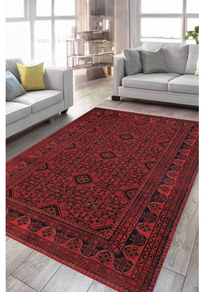Çam Halı Anatolia 32-077 Etnik Afgan Halısı Desenli Dokuma Tabanlı Yıkanabilir Şönil Salon Ve Oda Halısı Krem - Kırmızı