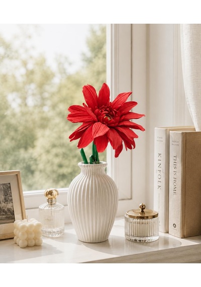Kırmızı Gerbera Yapay Çiçek, 63 Cm, Tek Dal, Dekoratif Süsleme, İpek Kumaş Diğer