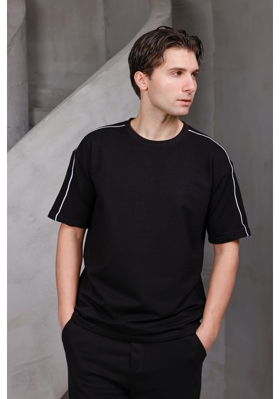 Erkek Şeritli Oversize Bisiklet Yaka 2 İki İplik Kompakt T-shirt Siyah
