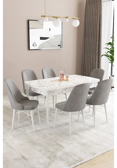 Sar Pakete Almira Serisi, Beyaz Mermer Desen 80x132 Açılabilir Mdf Mutfak Masası Takımı 6 Adet Sandalye Gri Sar Pakete Almira Serisi, Beyaz Mermer Desen 80x132 Açılabilir Mdf Mutfak Masası Takımı 6 Adet Sandalye Gri
