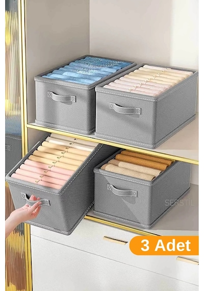 Serstil 3 Adet - Dolap Içi Düzenleyici, Raf Düzenleyici, Katlanabilir Kıyafet Saklama Kutusu 45 X 25 X 20 Cm Gri