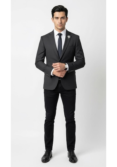 Plus Scorpion Erkek Blazer Ceket Twill Dokuma Likralı Notch Yaka 1 Düğmeli Çift Yırtmaçlı Slim Fit Siyah