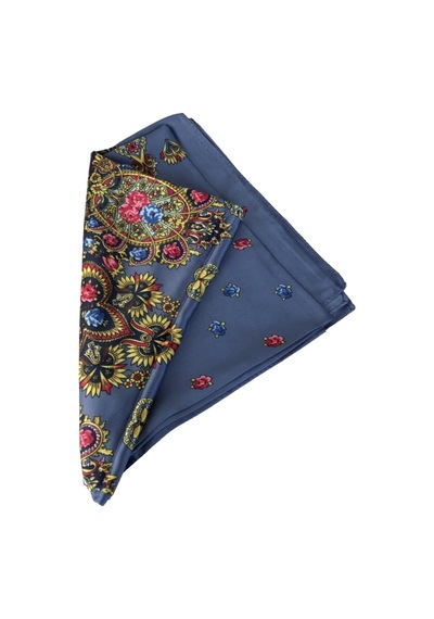 Tikitonki Etnik Çiçek Desenli Saten Mavi Eşarp - 90x90 Mavi Mavi