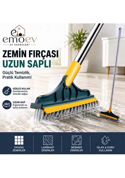 Emoev 2'si 1 Arada Uzun Saplı Zemin Fırçası Ve Çekpas 360 Döner Başlıklı Derz Ve Fayans Temizleyici