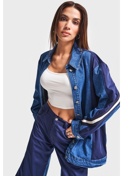 it's basic Kadın Kot Rengi 1w5-5 Oversize Parçalı Kumaş Özel Tasarım Denim Ceket