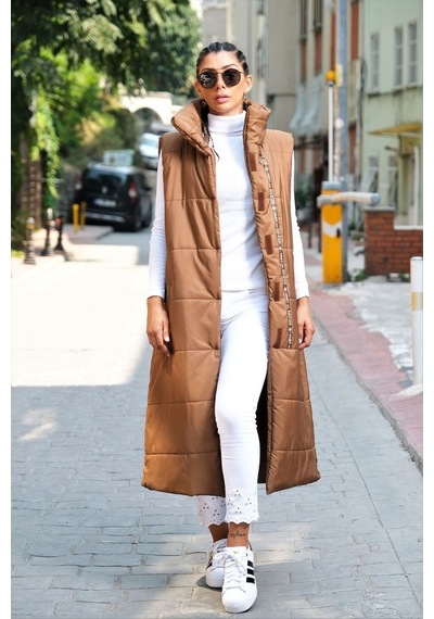 Keyifli Moda Kadın Kahverengi Dik Yaka Şerit Detaylı Cepli Uzun Şişme Yelek