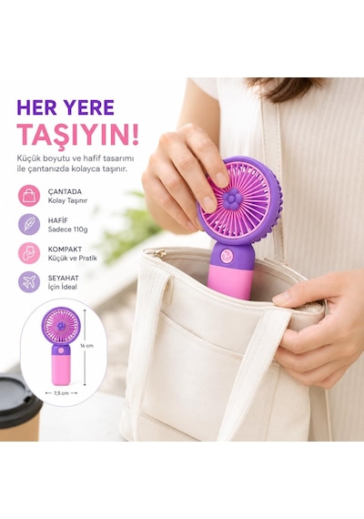 Talky Şarjlı Mini El Fanı Usb Taşınabilir Sessiz Masaüstü Vantilatör 3 Kademe Soğutucu Pervane Multicolor Karı