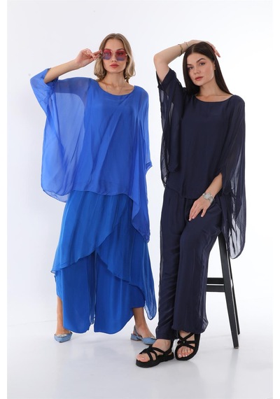 Bohem Stil İtalyan Yarasa Kol İpek Bluz & Pantolon Takım-8767 Lacivert
