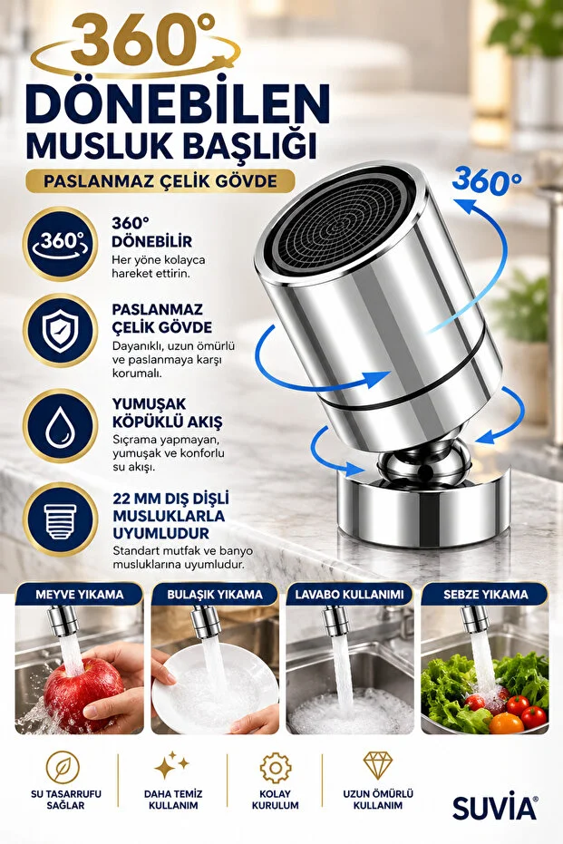 Musluk Başlığı 360 Döner Paslanmaz Çelik Su Tasarruflu Filtreli Perlatör Musluk Ucu 1 Adet