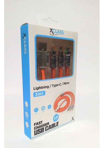 Xclass K302 3 In 1 Üçü Birarada Led Işıklı 5v /3,4a Hızlı Şarj Ve Data Kablosu Turuncu
