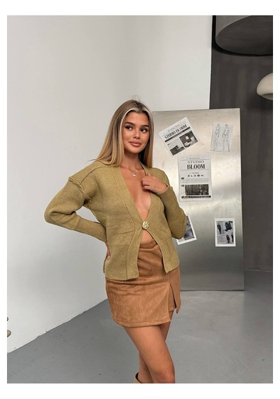 Kechi Woman Gold Aksesuarlı Tek Düğme Triko Hırka Haki