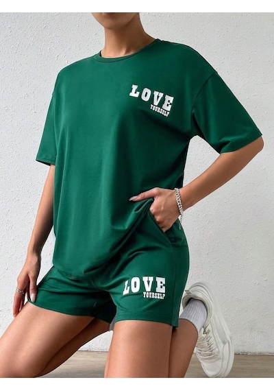 Love Yourself T-shirt Şort - Yeşil Alt Üst Kombin Şort Tişört Takım Baskılı Oversize Bisiklet Yaka Yeşil
