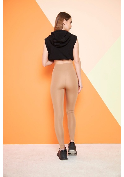 Thıff Gymwear Camel Yüksek Bel Sıkılaştırıcı Toparlayıcı Dalgıç Kumaş Spor Günlük Tayt Kahverengi