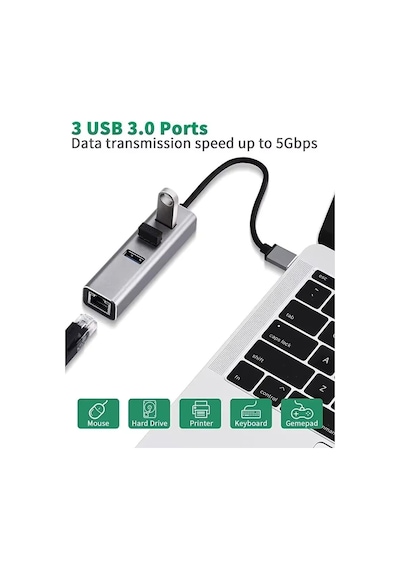 Usb 3.0 Gigabit Ethernet Adaptör + 3 Port Usb 3.0 Hub 4 İn 1 Çoklayıcı 1