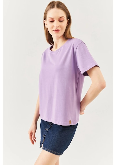 Kadın Oversize Rahat %100 Pamuklu Penye Bisiklet Yaka Kısa Kol Basic T-shirt Lila