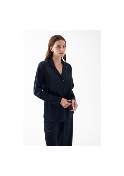 Akbeniz Kadın Lacivert Oversize Saten Pijama Takımı