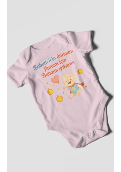 Morivokids Babaya Ve Anneye Özel Kısa Kollu Bebek Body %100 Pamuk Bebe Pembe