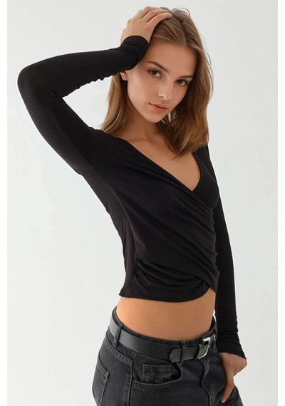 Hiccup Yumuşak Dokulu Slim Fit V Yaka Uzun Kollu Üst Siyah