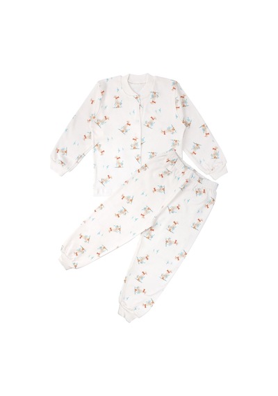 Bebegen Unisex Ekru Ördek Desenli Çıtçıtlı Pijama Takımı Çok Renkli